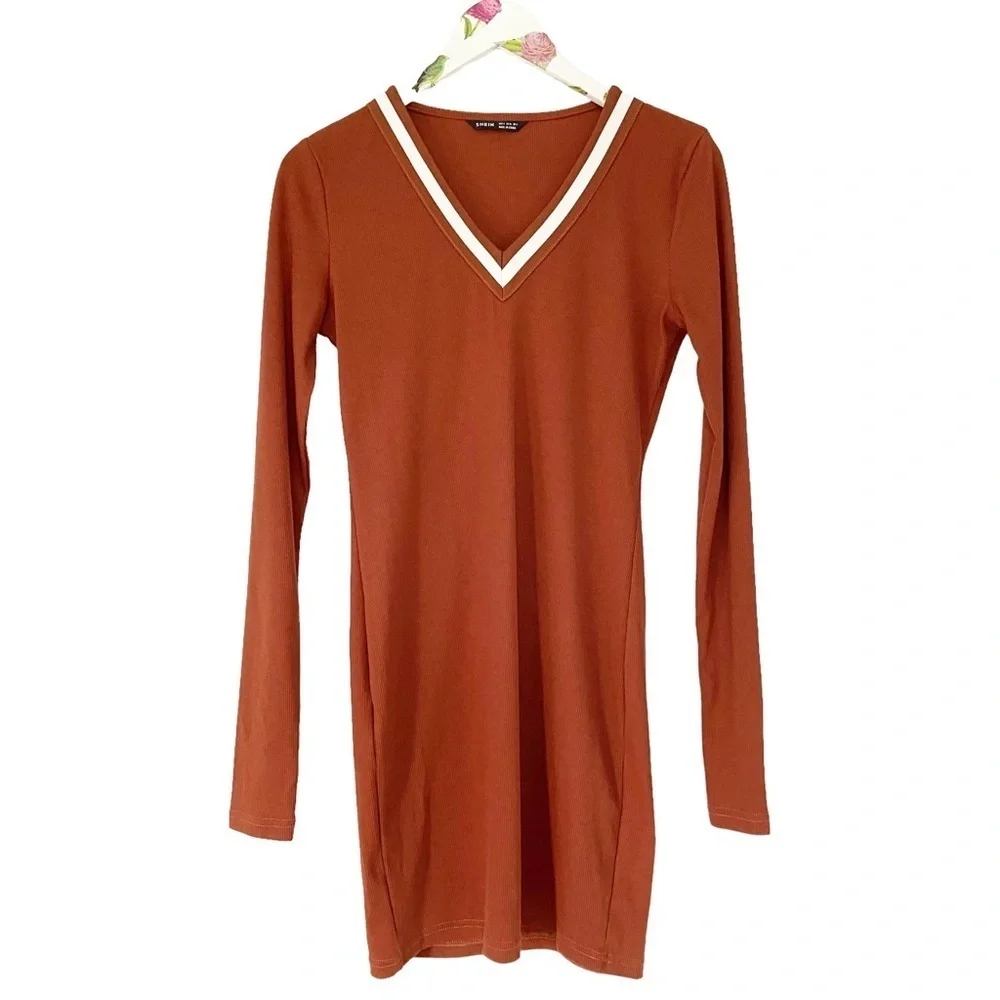 SHEIN Women's Dress V Collar Mini Sweater Dress Academia Burnt Orange Small
